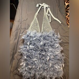 Silver Crystal Halter Dress – Feather Trim Mini